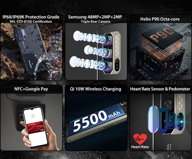 Ulefone Armor 7 Rugged Cell Phones Unlocked, 8GB+128GB Octa-Core Android 9.0 IP68 Waterproof Smartphone, 48MP Triple Rear Camera 6.3" FHD+ Screen 5500mAh Battery Dual SIM 4G LTE