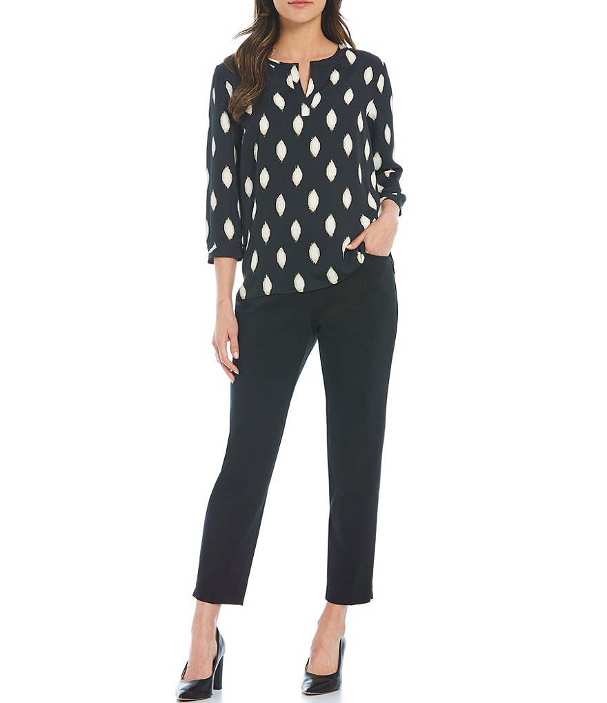 Investments Petite Size 3/4 Sleeve Split Neck Diamond Print Top