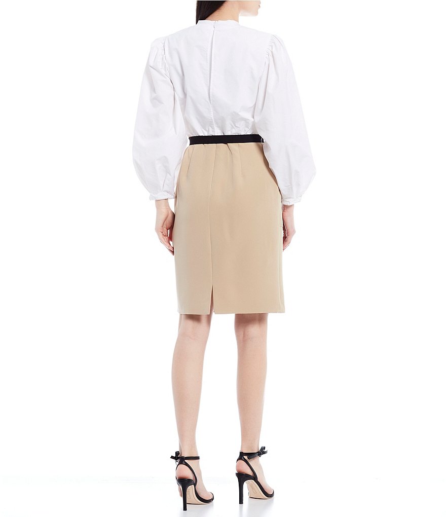 LDT Alecia Two-Tone Long Puffed Sleeve Belted Stretch Crepe Dress