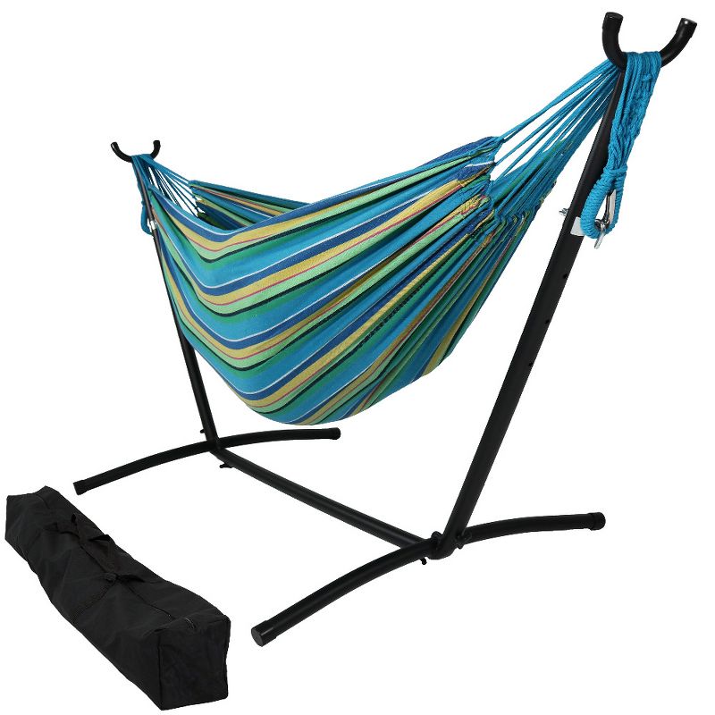 Sorbus Brazilian Double Hammock with Stand - Green, Blue Stripes