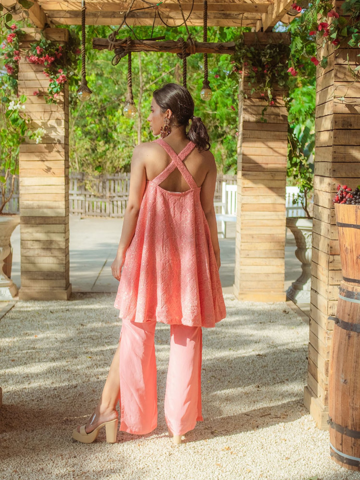 Monk and Mei Asin Chikankari High Low Top & Slit Pants