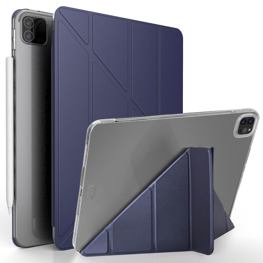 Tablet Protection Multifunctional Foldable Smart Cover for iPad Pro 2020 TPU Silicone Back Cover (Dark Blue)