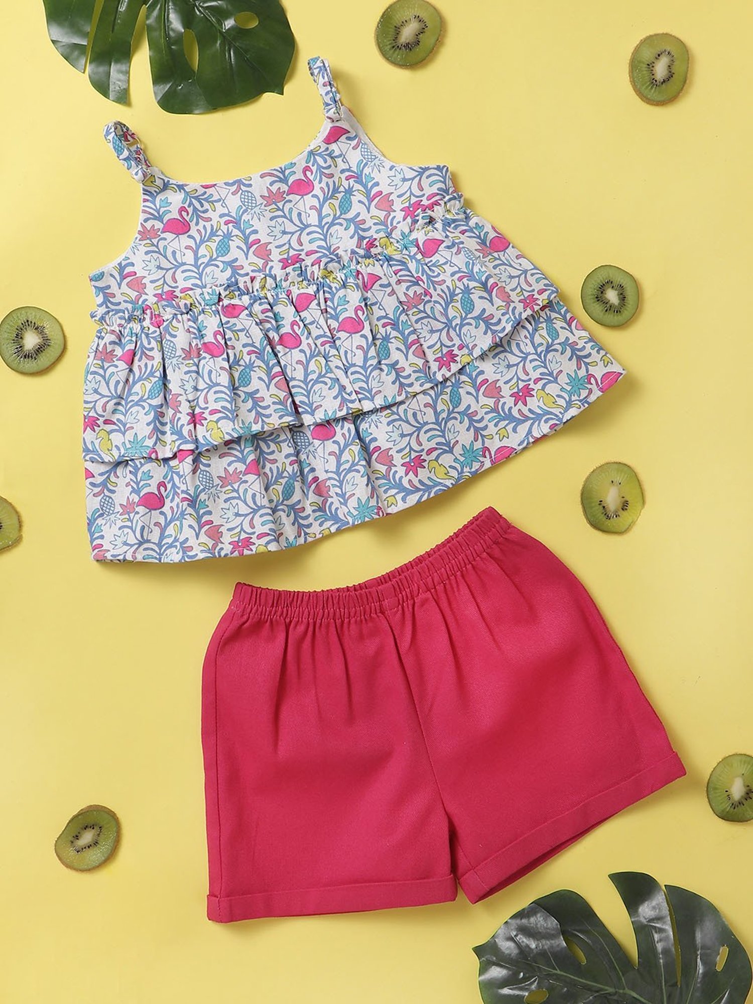 Nauti Nati Kids White & Pink Printed Top with Shorts