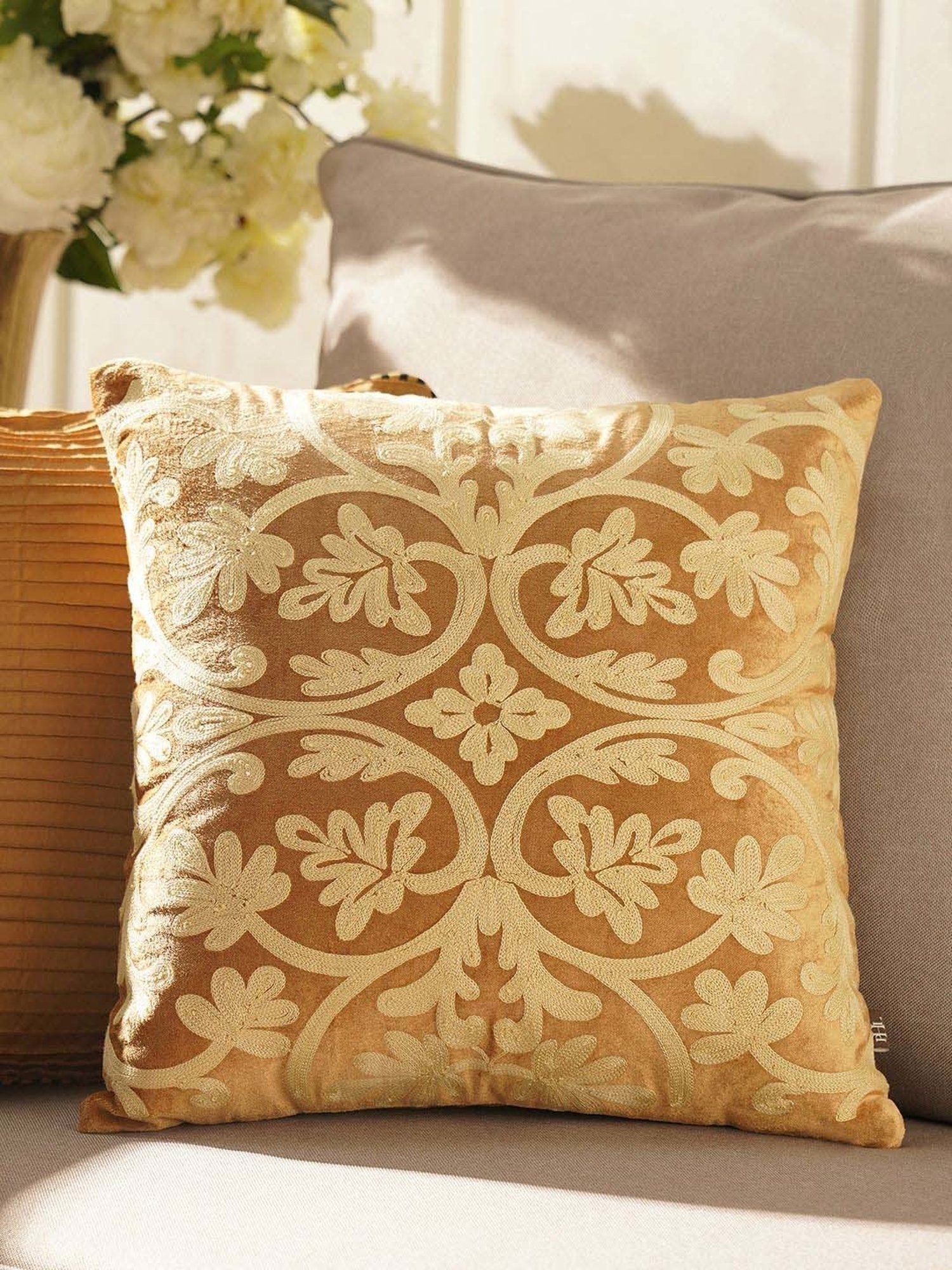 Pure Home and Living Gold Cotton Ari Embroidered Cushion Cover
