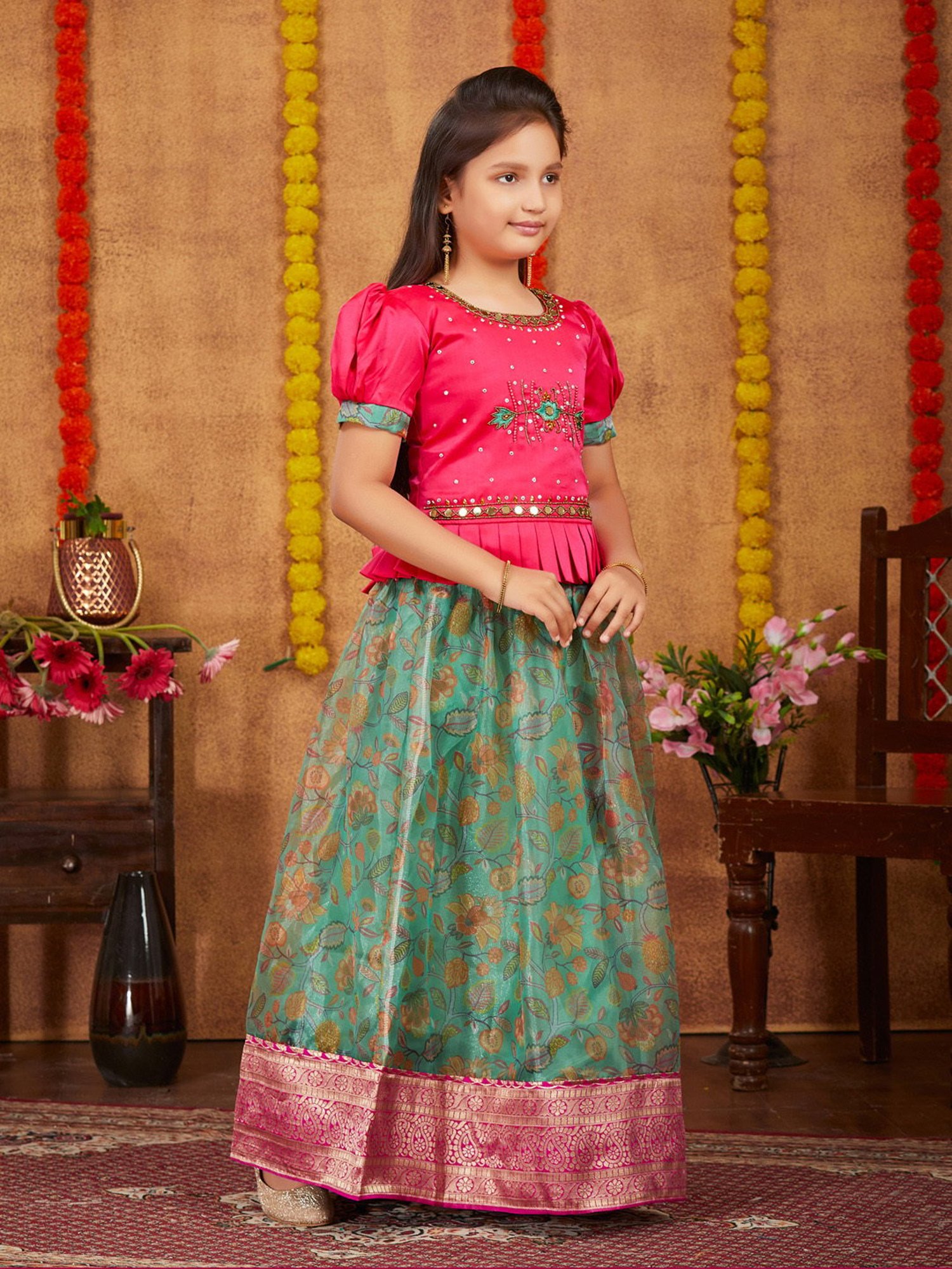 A Little Fable Kids Blue Printed Lehenga with Choli & Dupatta