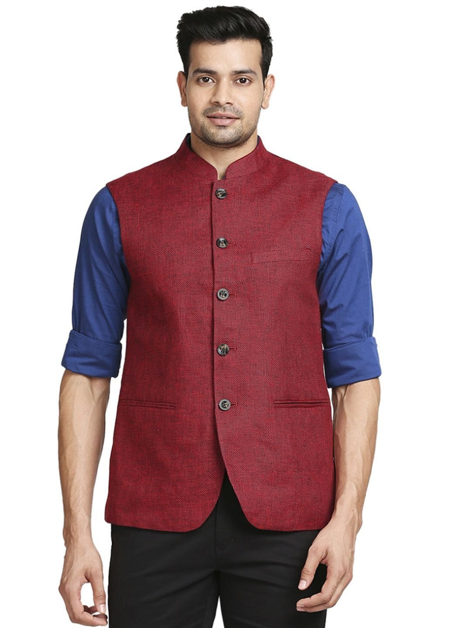 Colorplus Dark Red Tailored Fit Self Pattern Nehru Jacket
