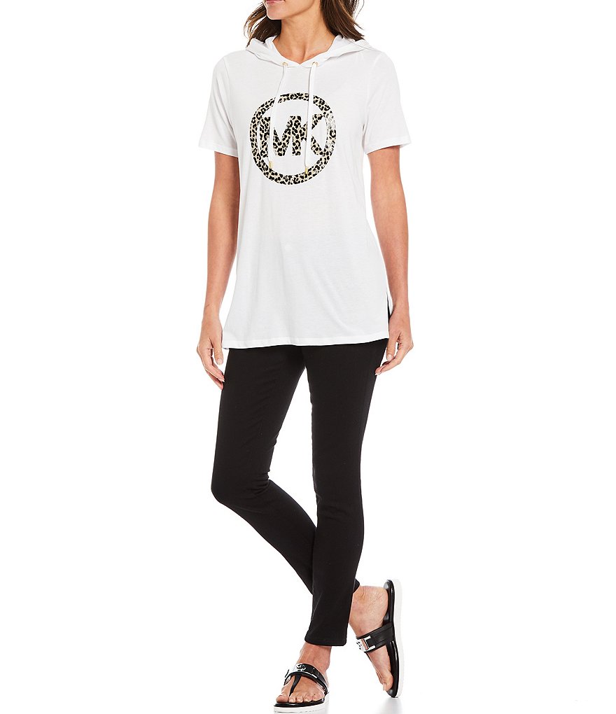MICHAEL Michael Kors Organic Cotton Knit Jersey Cheetah MK Circle Logo Drawstring Hoodie Tunic