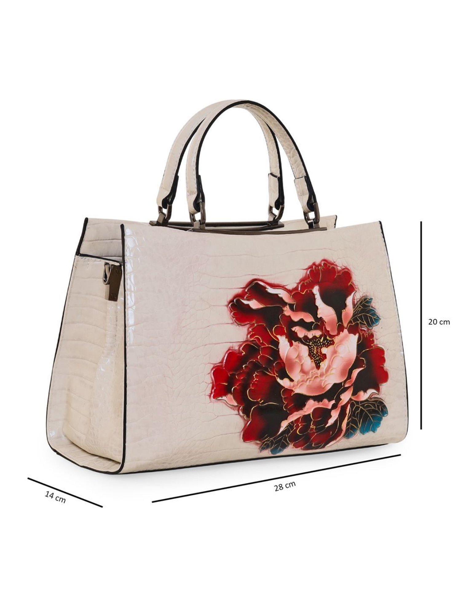 Esbeda Glossy Flower Beige PU Textured Handbag