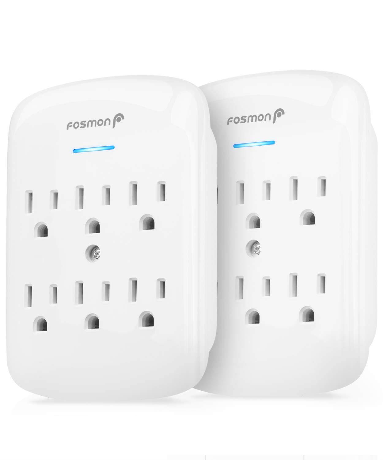 6 Outlet Wall Mount Surge Protector (2 Pack), Fosmon 3-Prong Surge Suppression 900 Joules, 15A 125VAC 60Hz 1875Watts Wall Outlet Adapter, Grounded LED, ETL Listed - White