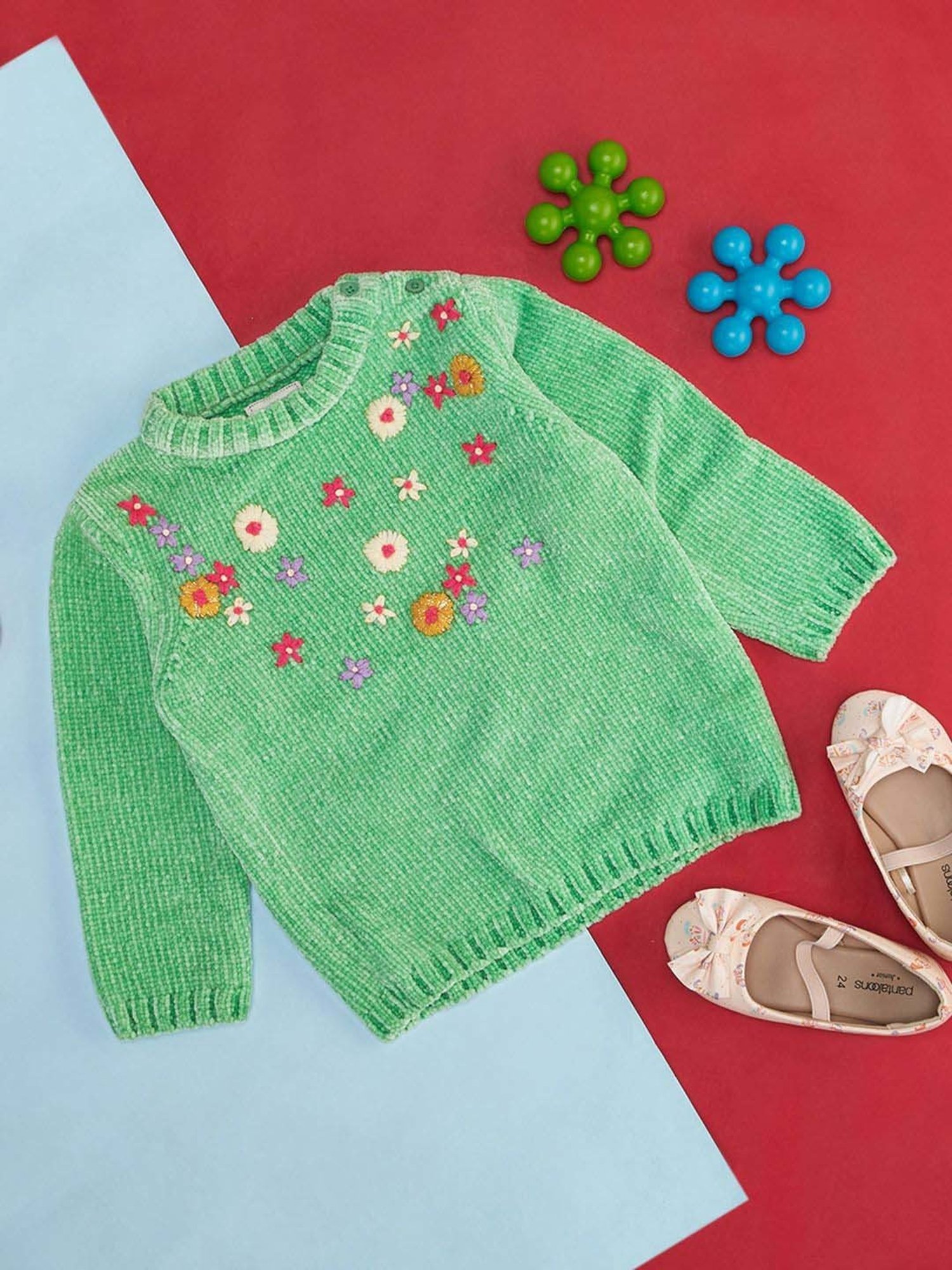 MINIKLUB Girls Green Self Design Full Sleeves Sweater