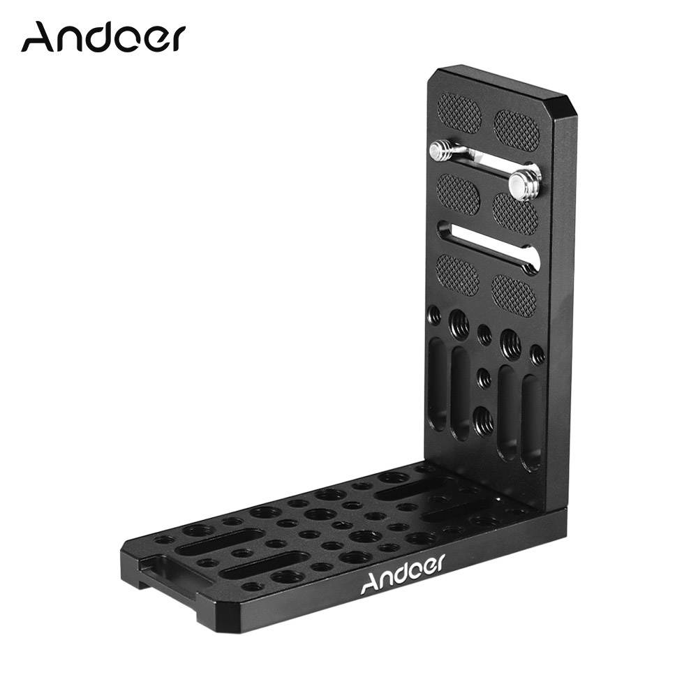 Andoer Universal Camera L-Shape Bracket Plate Holder 1/4 & 3/8 Inch Screw Mount Aluminium Alloy Bracket for Vertical Video Recording for Canon Sony Nikon Cameras DSLR Tripod Accessory