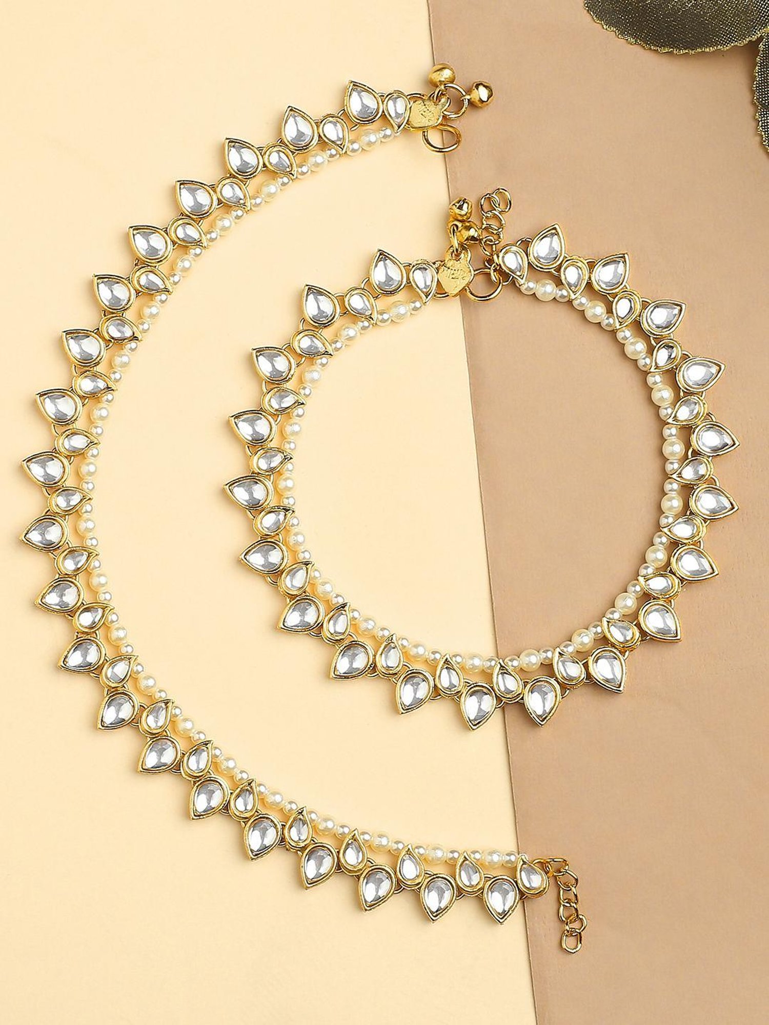 OOMPH Gold Tone Kundan & Pearl Ethnic Anklets in Pair