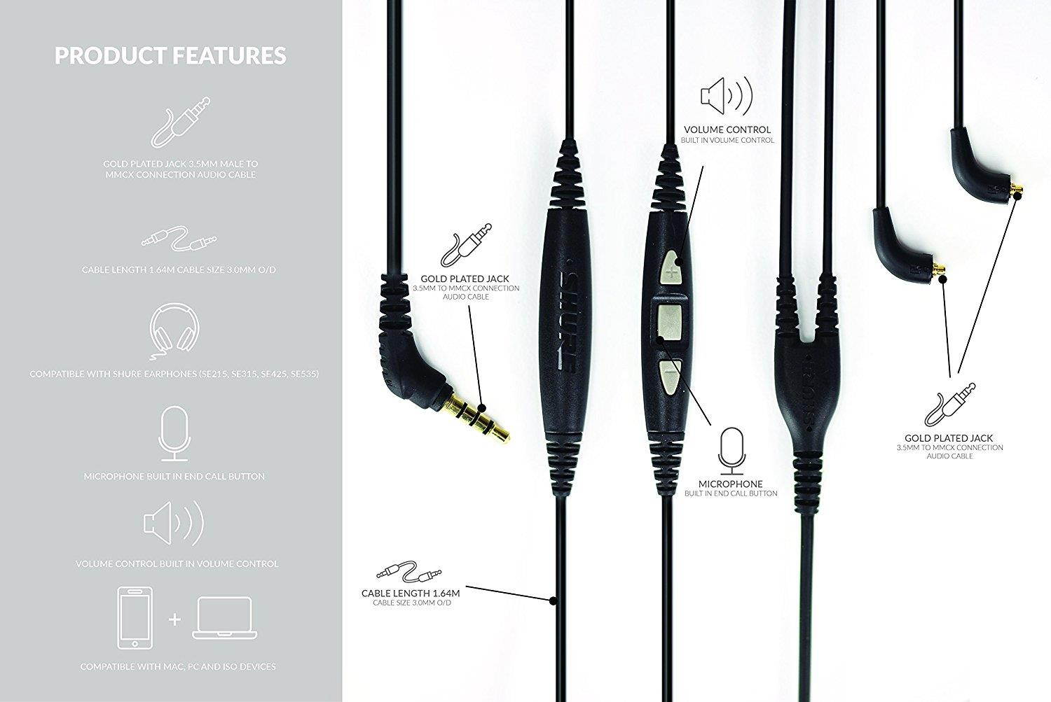 Replacement Shure CBL-M+-K-EFS Audio Cable w/ In-Line Remote & Mic