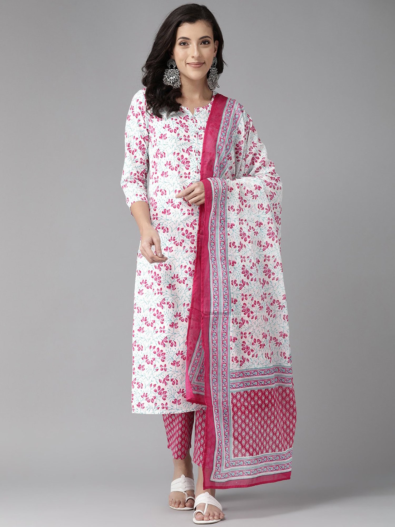 Prakrti White & Pink Cotton Floral Print Kurta With Pant & Dupatta