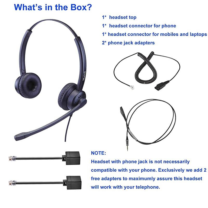 Headset with Noise Canceling Microphone, Including RJ9 & 3.5mm Connectors for Landline Deskphone and Smartphone PC Laptops, Call Center Office Headset for Yealink Grandstream Snom