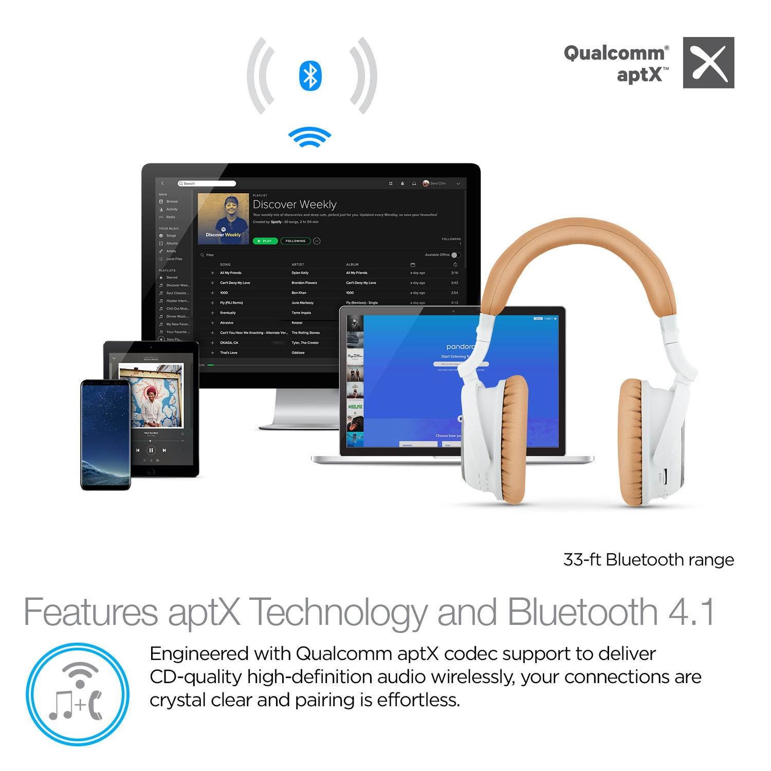 Naztech i9BT Over-Ear Active Noise Cancelling Headphones, aptX Bluetooth 4.1 Technology for HD Quality Stereo Sound, Low Latency, Enhanced Bass, In-line Mic.