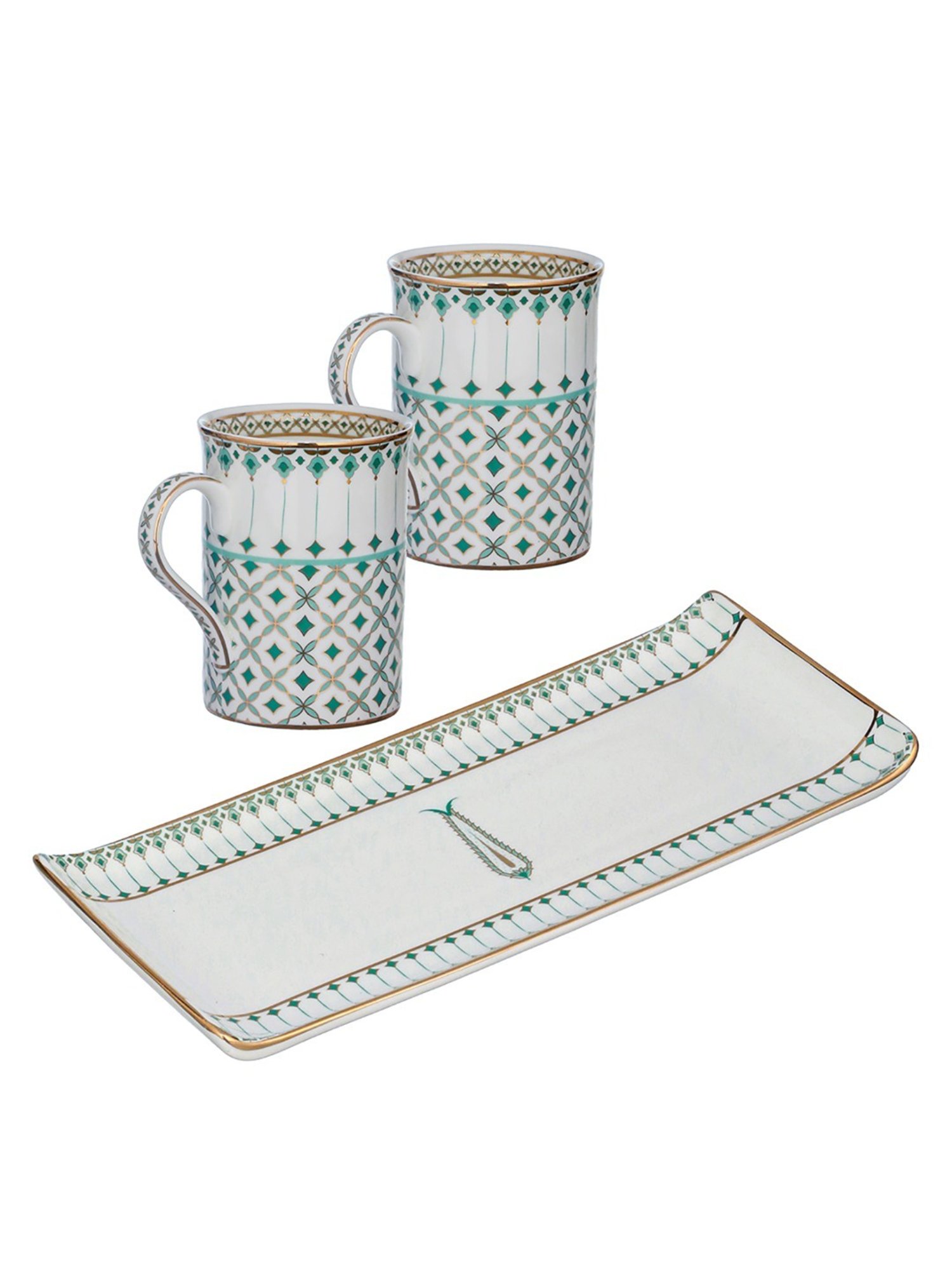 Trovea's Momentum 24K Gold Green Ceramic Mugs and Tray - Set of 2