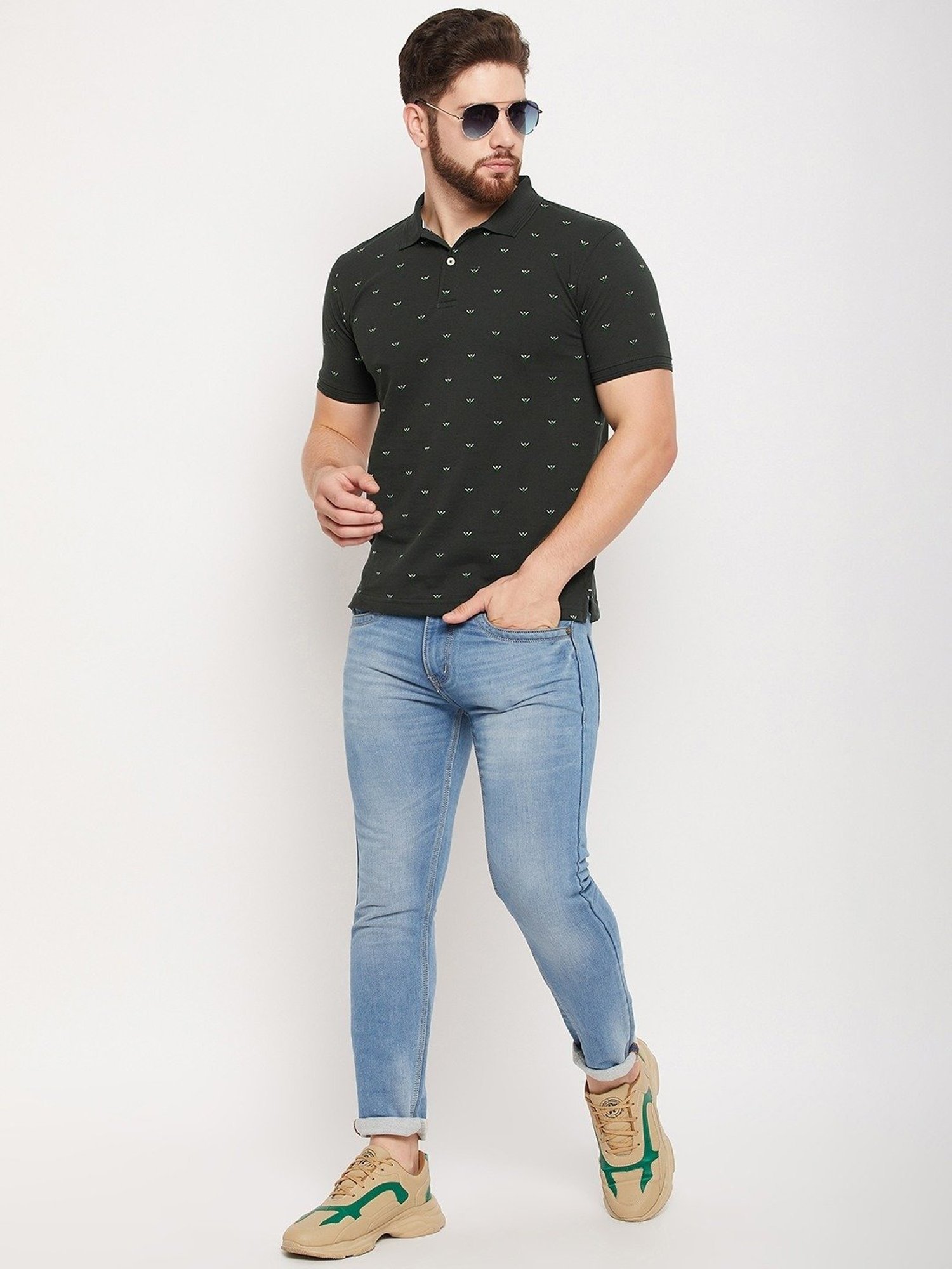 Cantabil Green Cotton Regular Fit Printed Polo T-Shirt