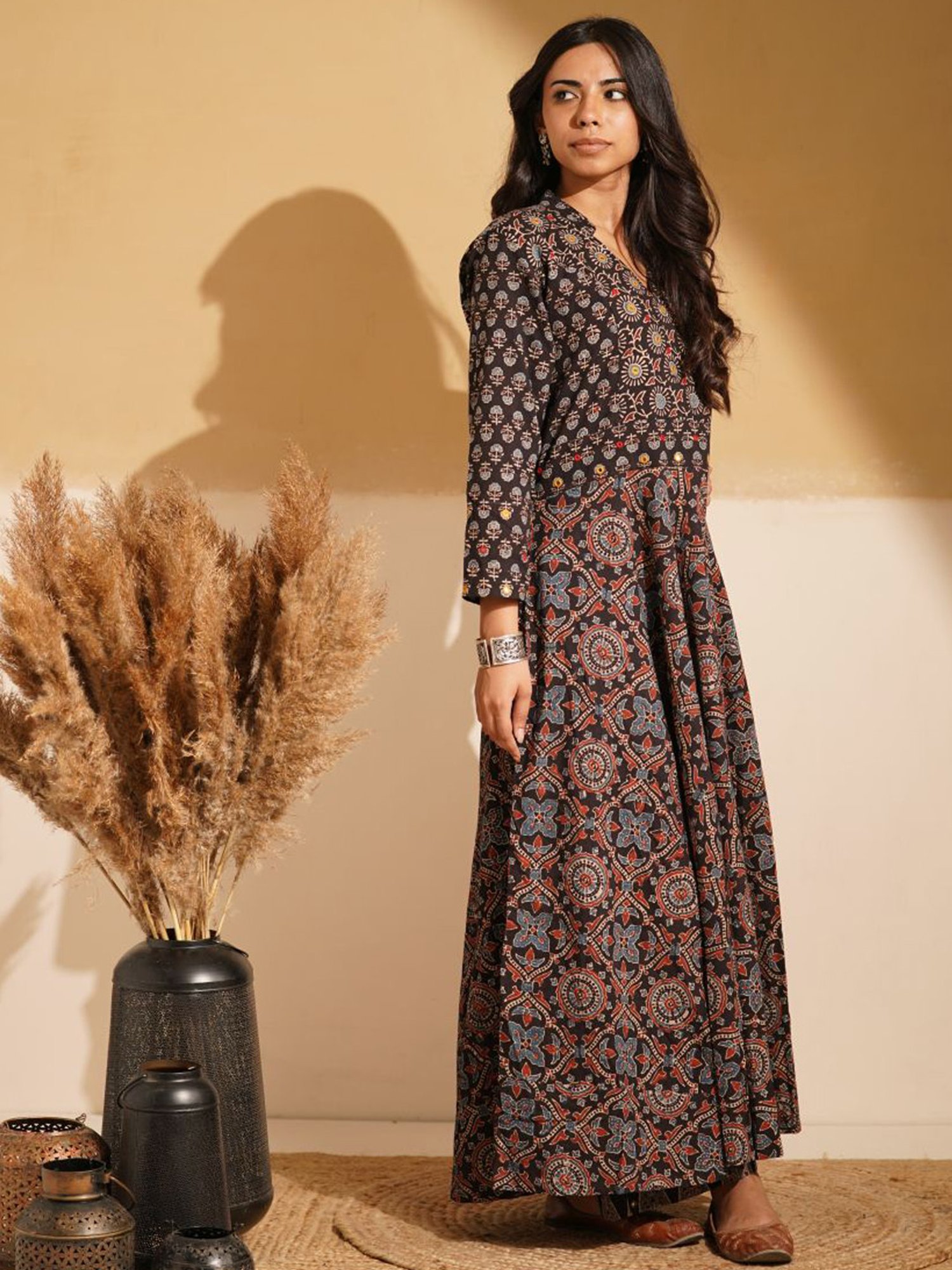 Love Chic Black Cotton Ajrakh Flare Kurta