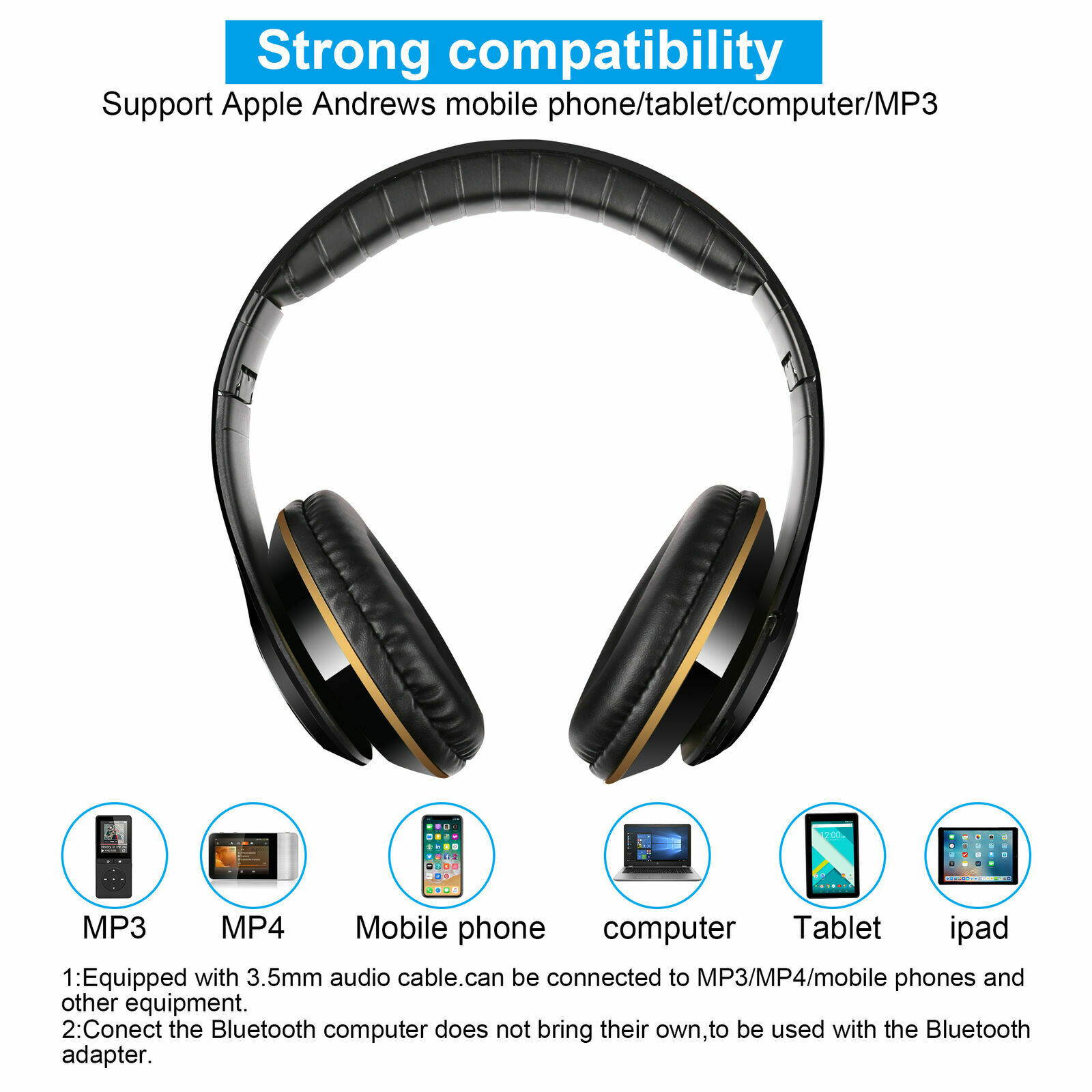 Bluetooth Headset Wireless Noise Cancelling Over Ear Head Microphone Headphone
