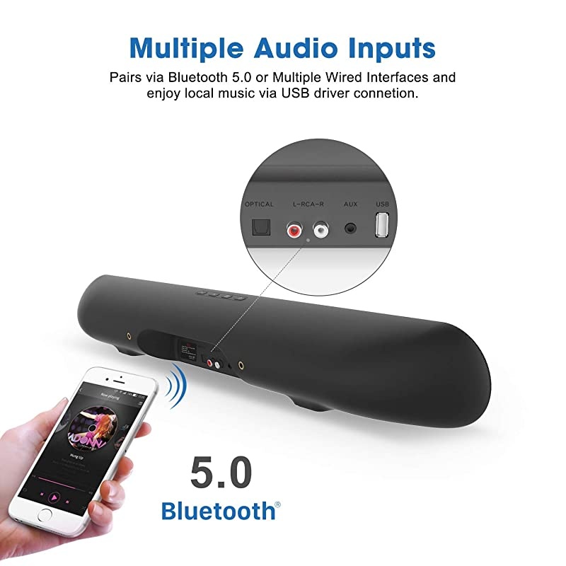 Soundbar, Bestisan TV Sound Bar Wired and Wireless Bluetooth 5.0 Home Theater Speakers (4 Drivers, Enhanced Bass Technology, Dual Connection Methods, Dialogue/Movie/Music Audio Mode)