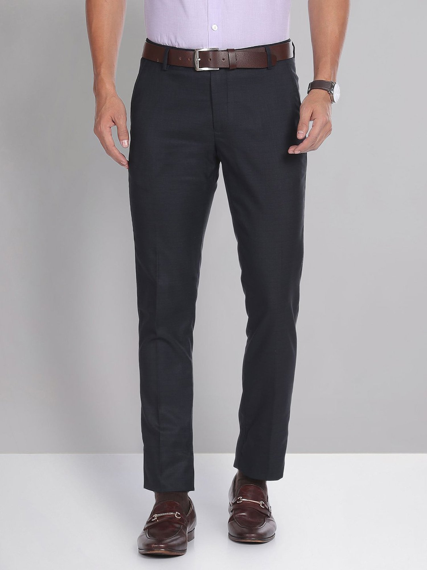 AD by Arvind Navy Slim Fit Flat Front Trousers