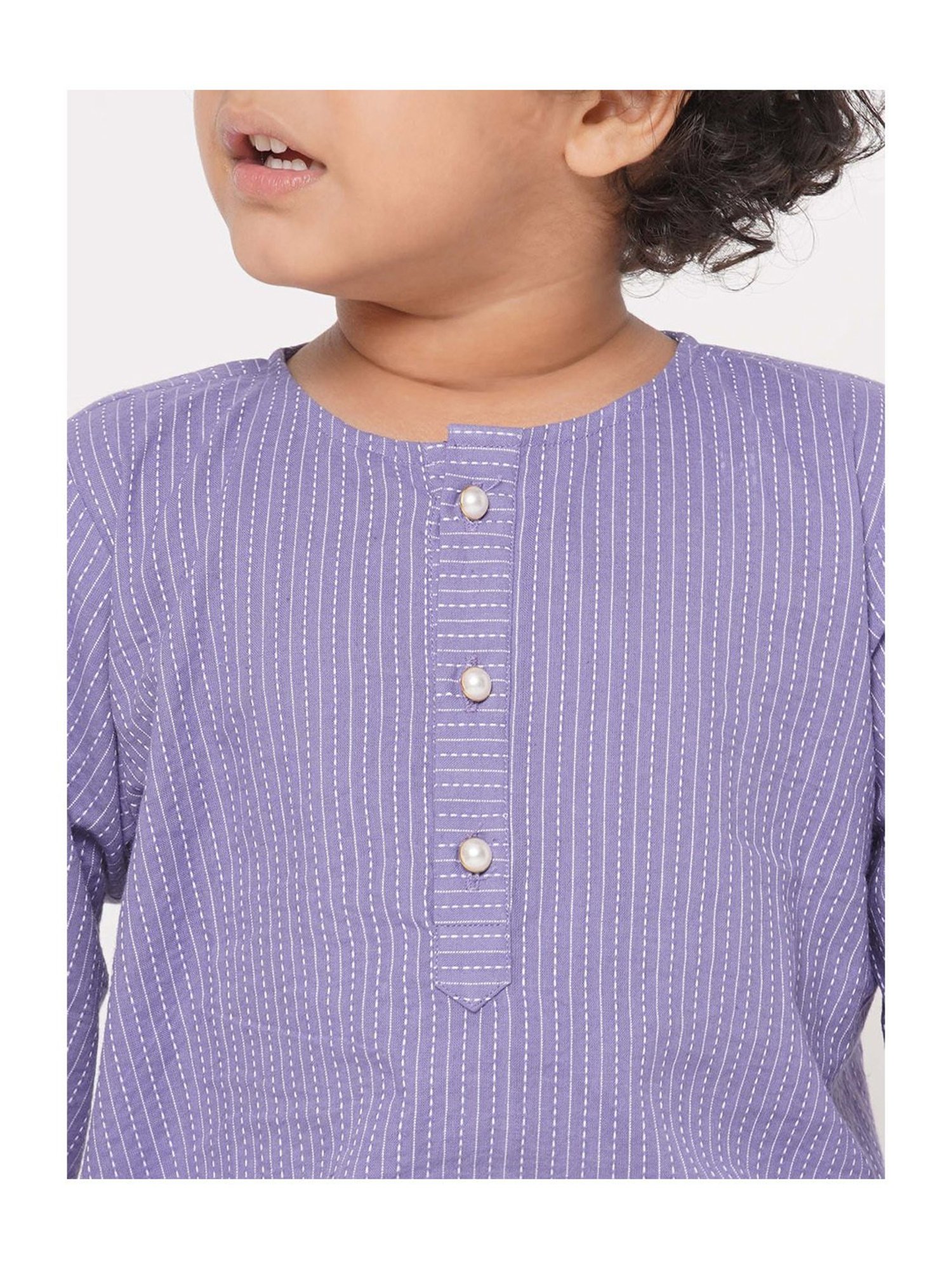 Little Bansi Kids Light Purple & White Striped Full Sleeves Kurta with Dhoti