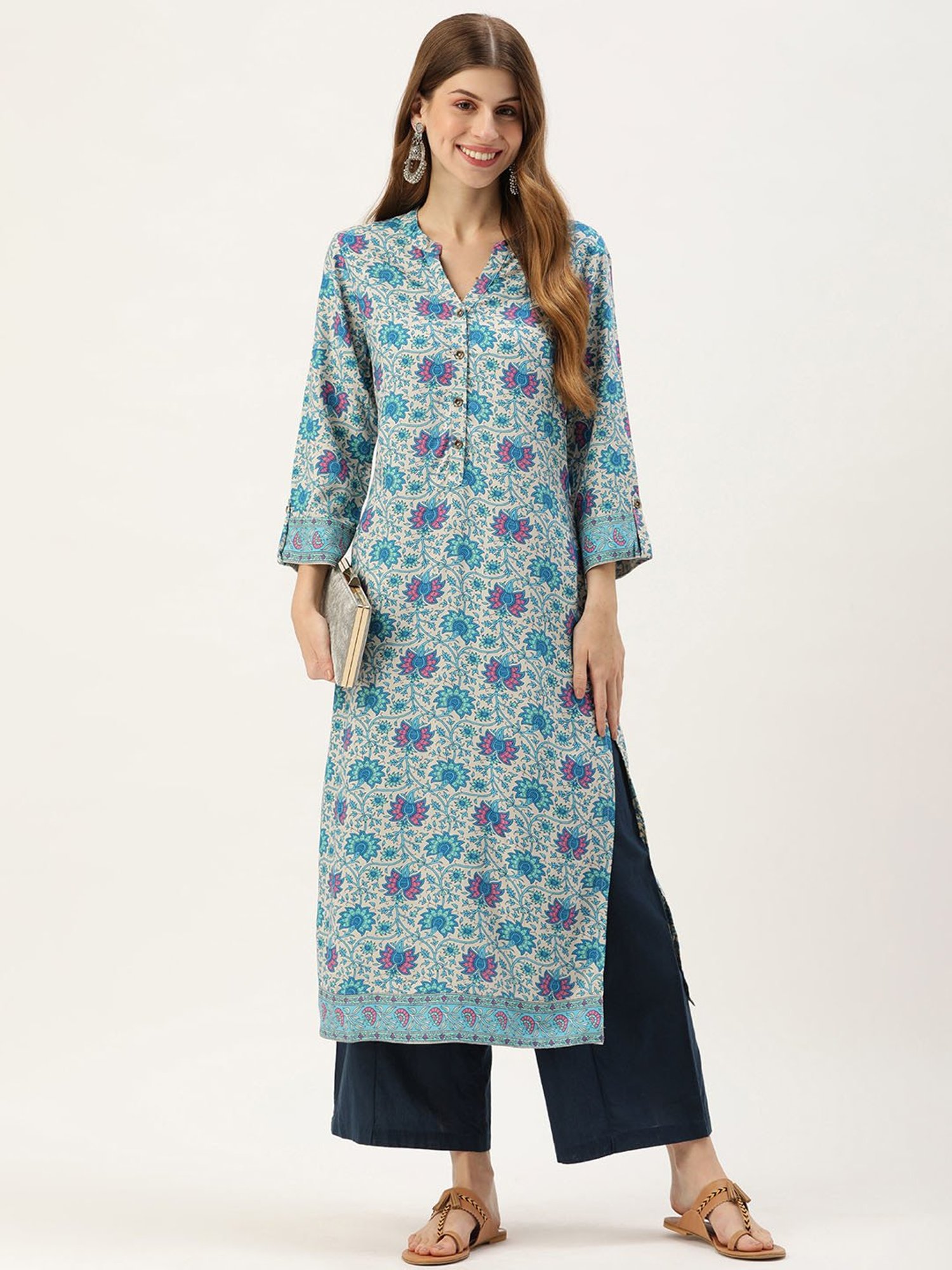 Amukti Blue Rayon Floral Print Straight kurta