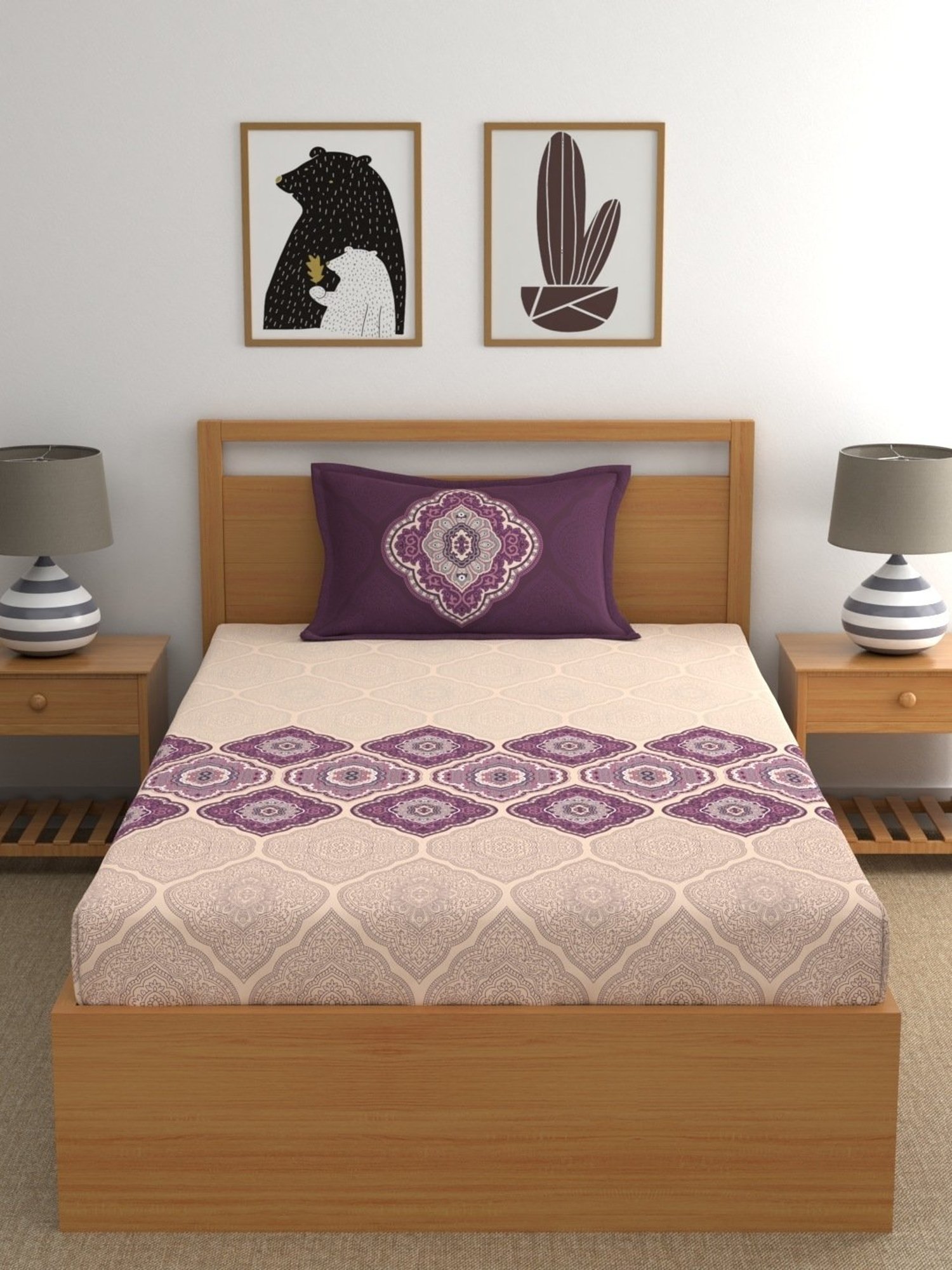 Dreamscape Ethnic Purple 140 TC Cotton Single Bed Sheet with 1 Pillow Cover