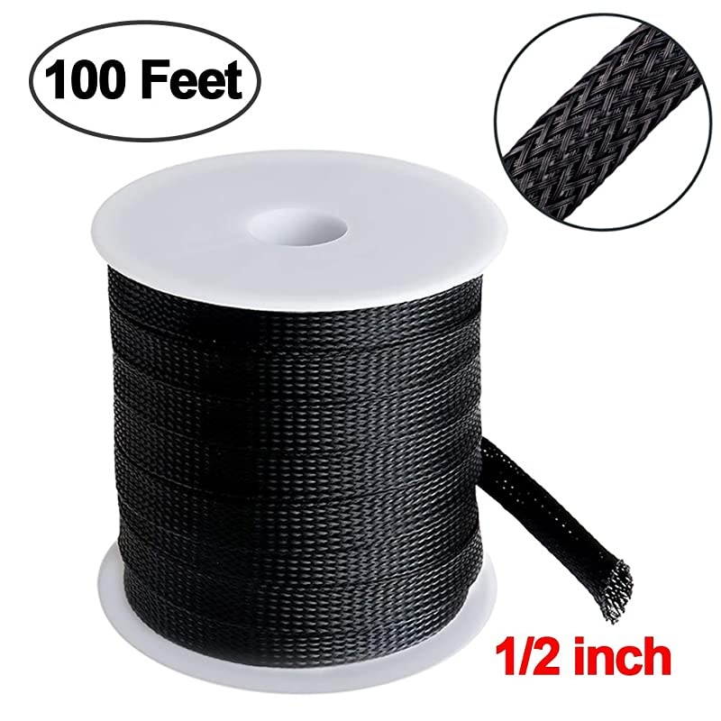 100 Feet 12 inch Flexible Expandable Braided Cable Sleeve Wire Loom Sleeving and Organizer Protector for TV Audio PC Cords from Pets Chewing by  Black