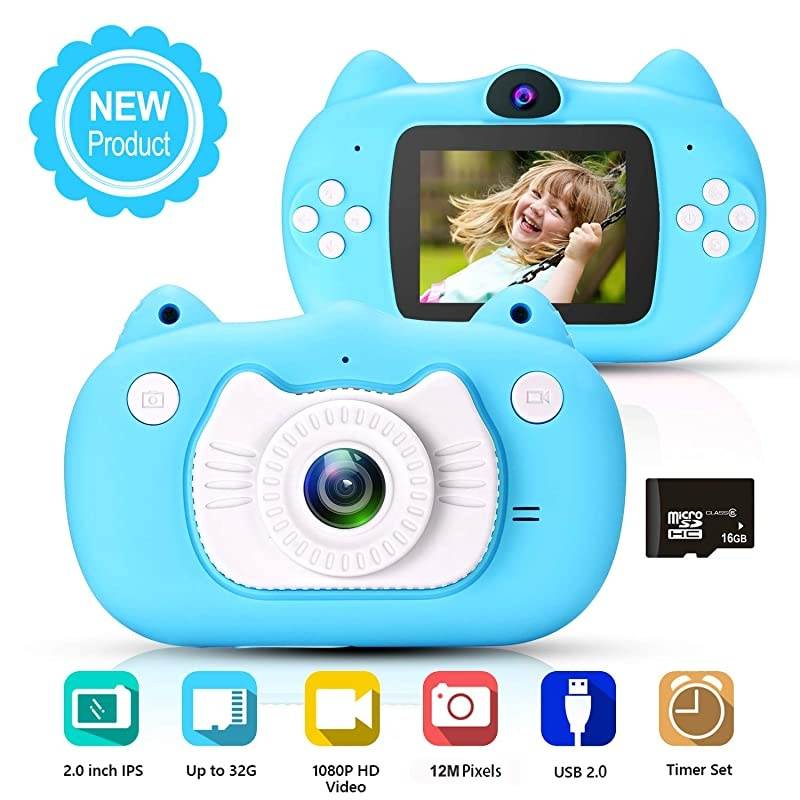 Kids Digital Camera for Boys Girls Gift, Dual Lens 1080P 12MP FHD Child Toy Camera Camcorder with Zoom Function &16GB SD Card for Age 3-10