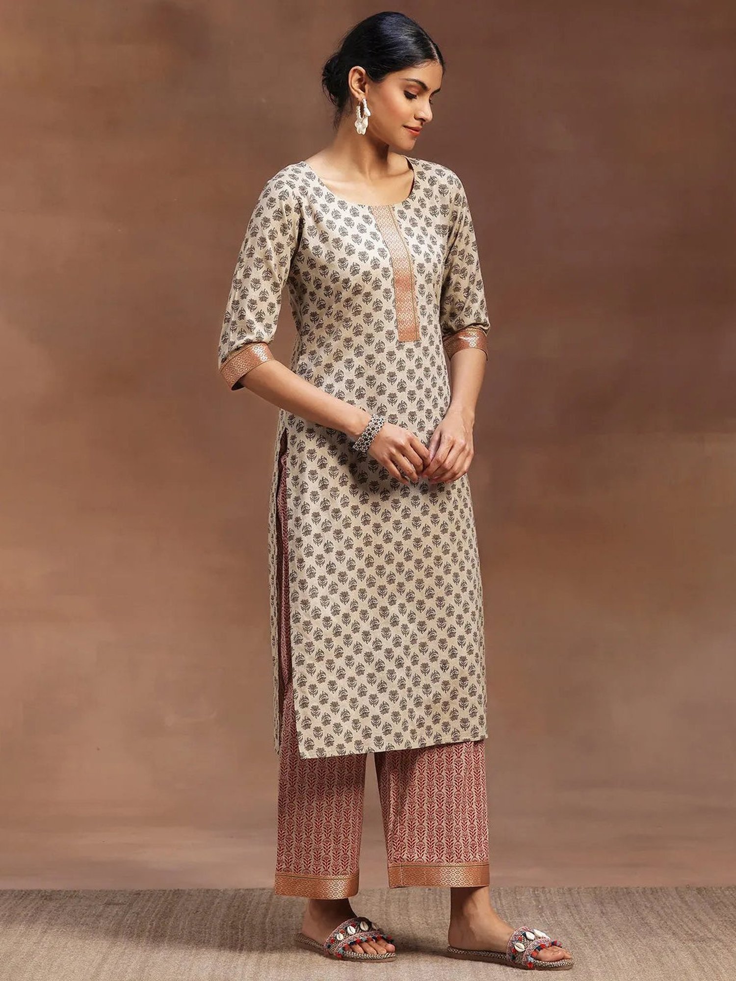 Libas Beige & Marron Floral Print Kurta With Palazzo & Dupatta