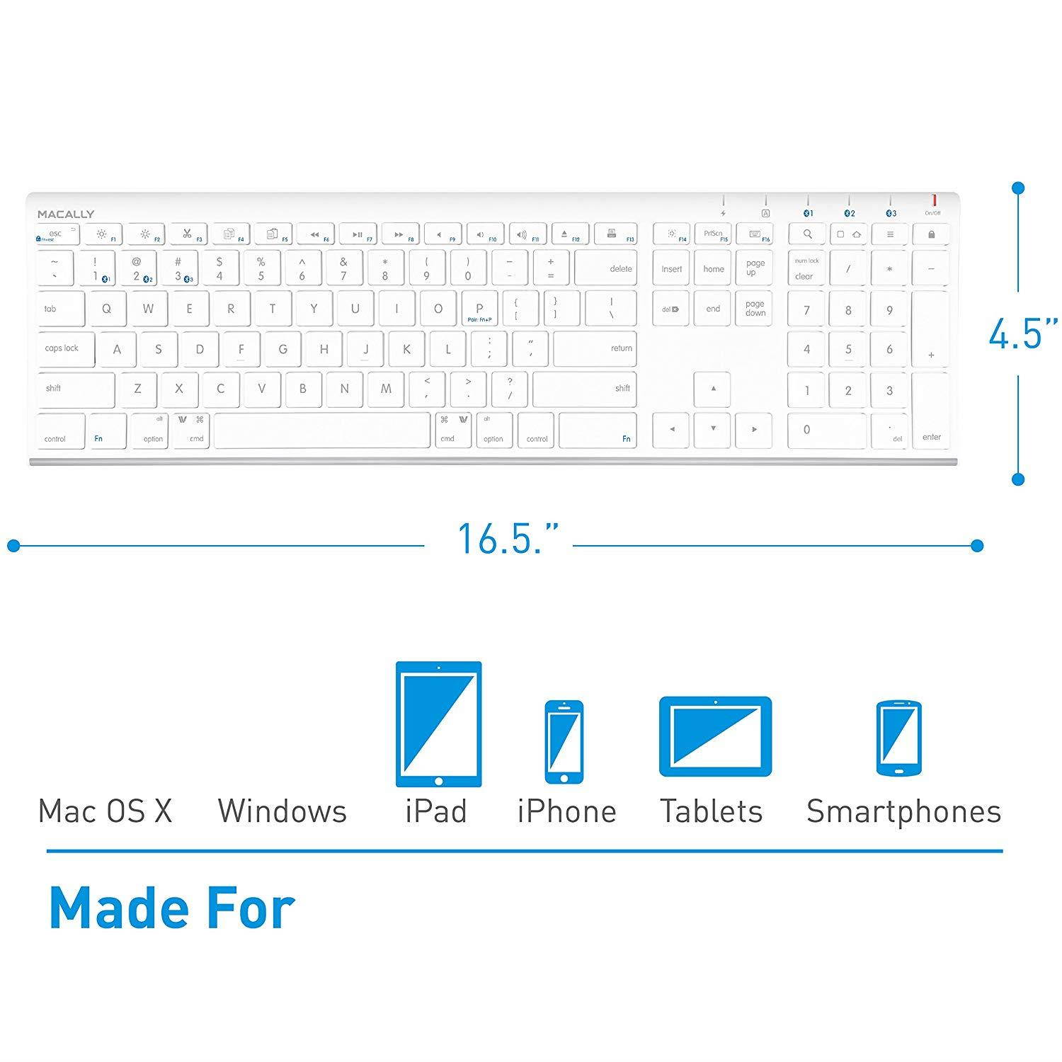 Macally Wireless Bluetooth Keyboard with Numeric Keypad for Laptops, Computers (Apple: Mac, iMac, MacBook Pro/Air, iOS, iPhone, iPad | Windows: PC and Android), Smartphones, Tablets (ACEBTKEY)