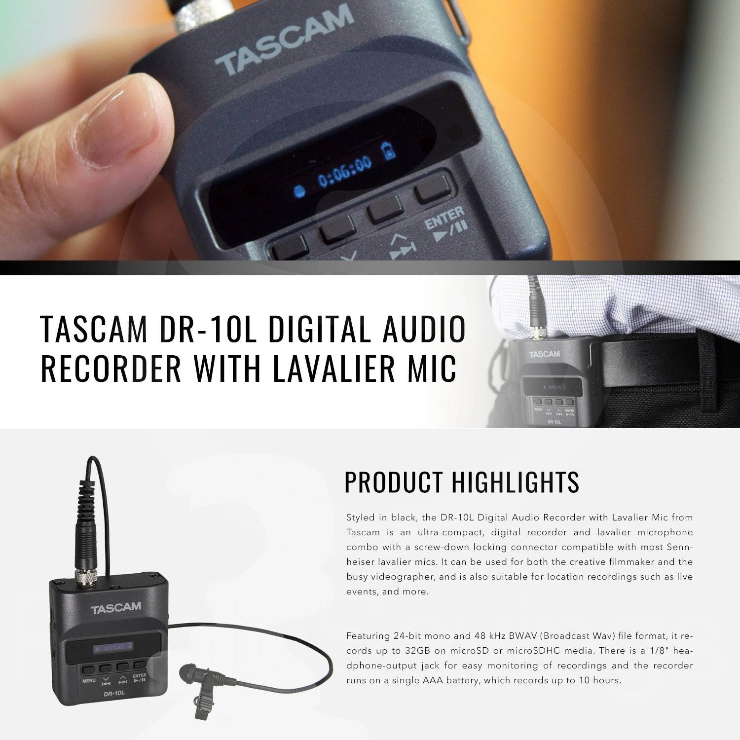 Tascam DR-10L Portable Digital Studio Recorder W/Lavalier Microphone, 32GB Card Headphones 2-Pack Deluxe Bundle