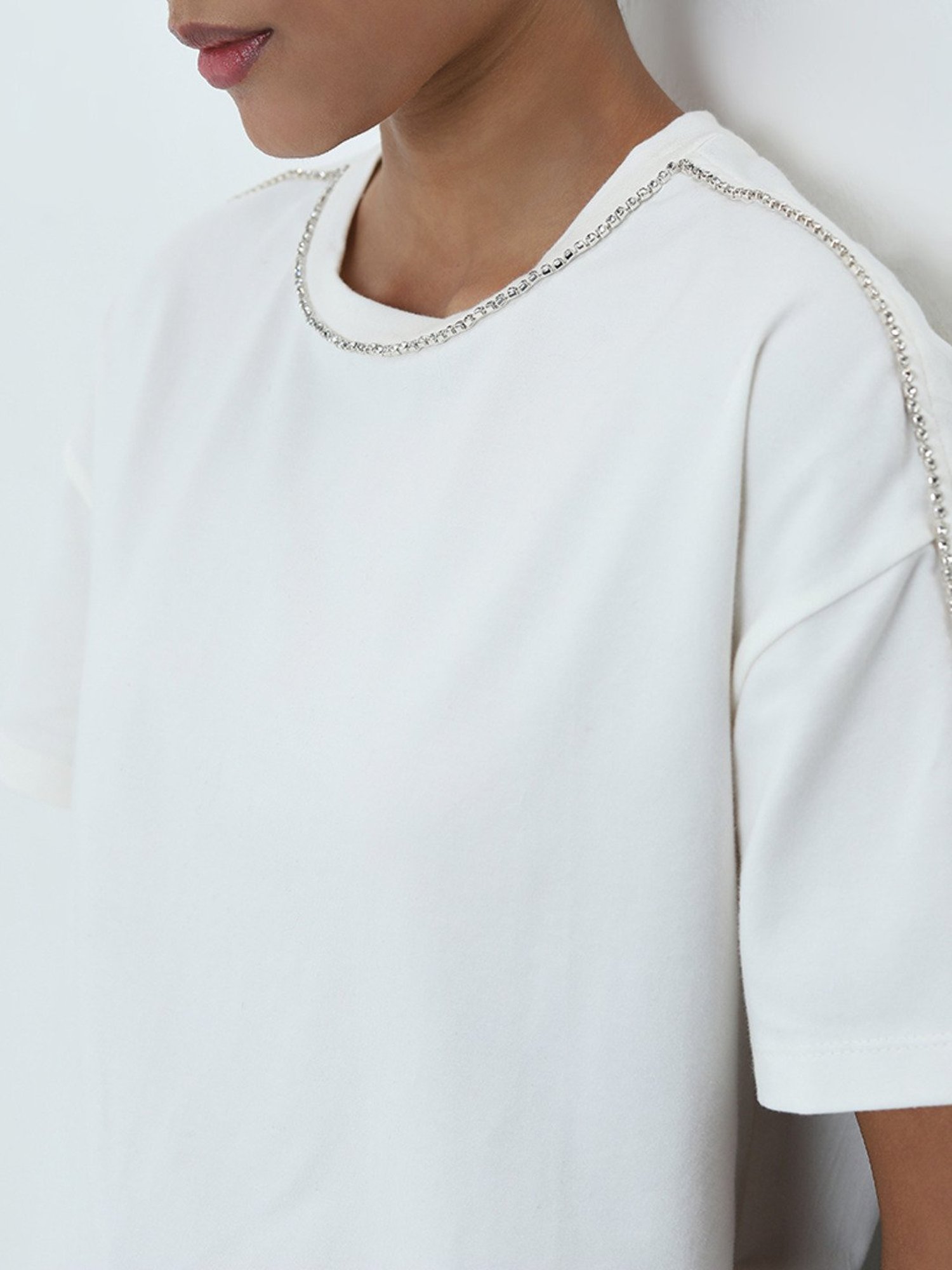 LOV by Westside White Diamante Embellished Cotton Blend T-Shirt