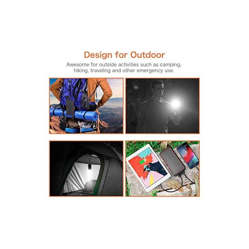 Charger, 20000mAh Power Bank Wireless Charger Portable External Battery Pack with 4 LED Light 3 Output Ports Carabiner IP54 Rainproof for Camping, Outdoor Activities (Black)