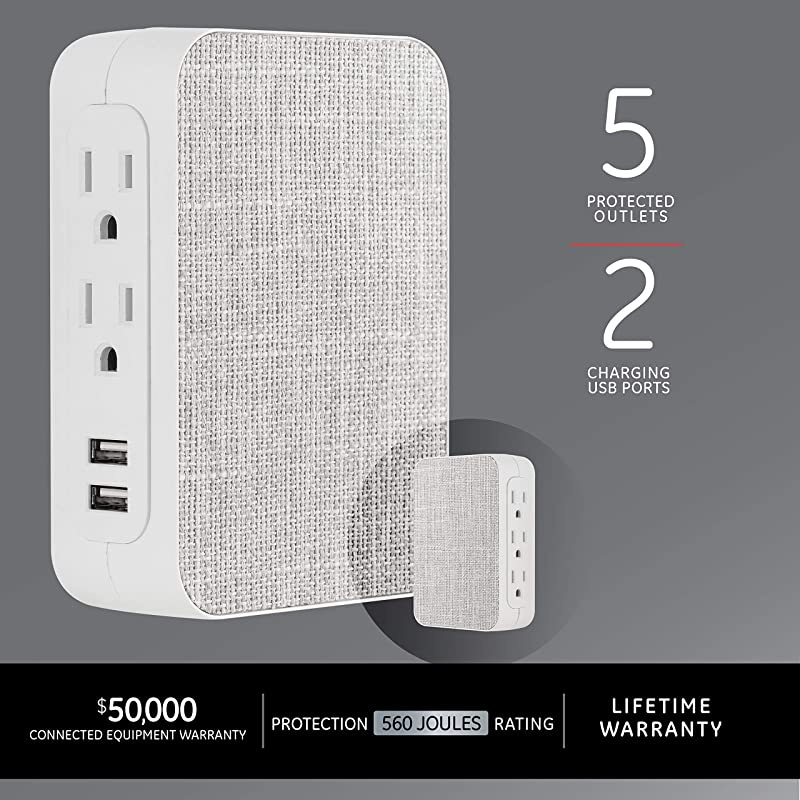 Pro 5 Outlet 2 USB Fabric Wall Tap Sur Protector Side Access Designer Power Adapter Plug in Extender 560 Joules GrayWhite 43436