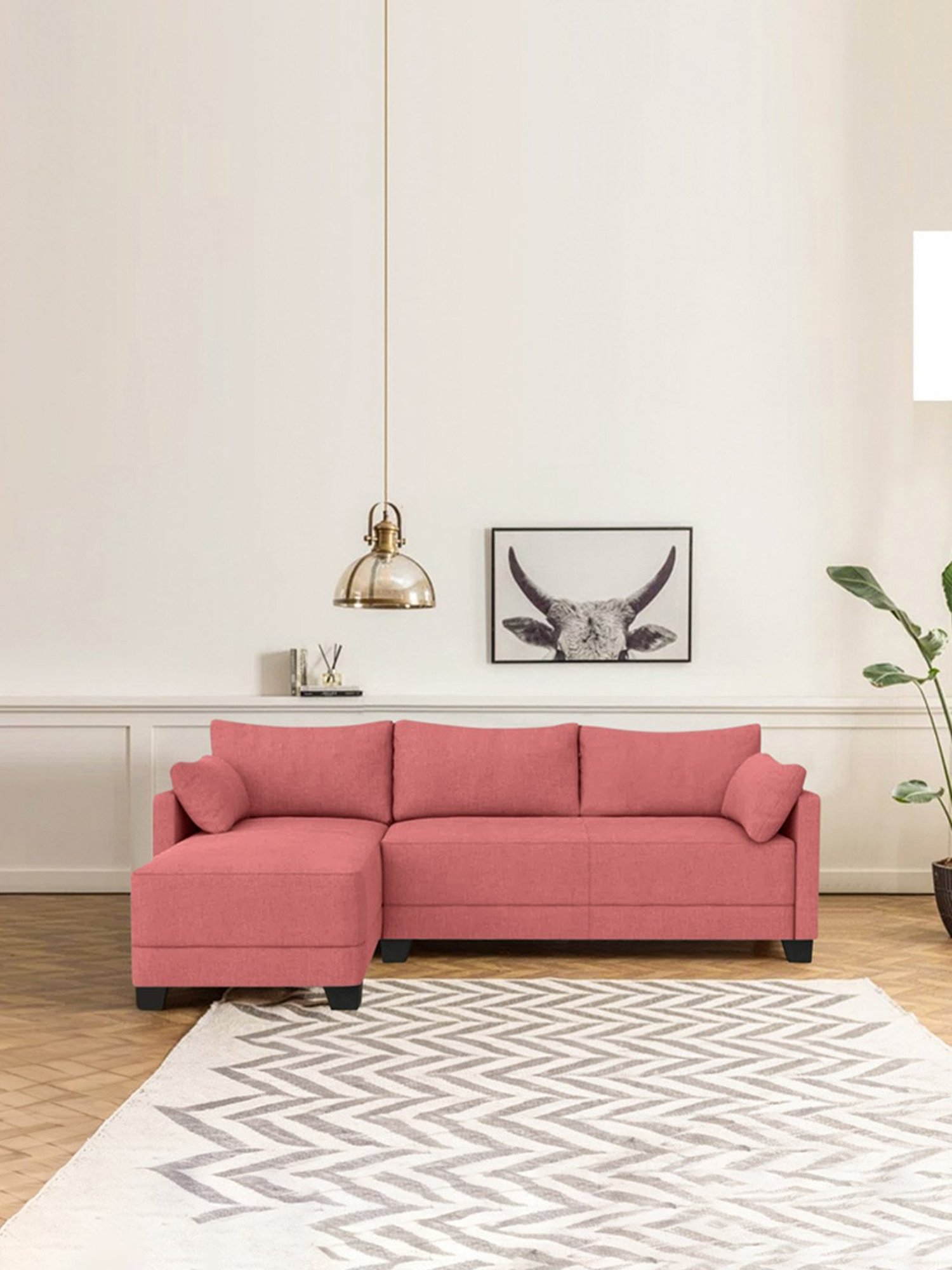 Trevi Duke Peach Fabric & Neem Wood 6 Seater LHS Sectional Sofa