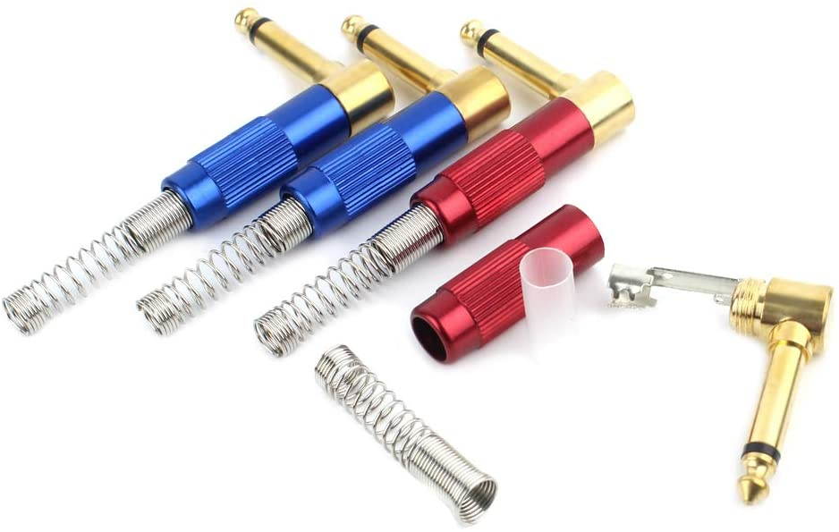 1/4 Audio Plugs 6.35 mm Plug TS Male 1/4 inch Heavy Duty Solder Type Mono Connector with Spring, Right Angle for DJ Mixer, Speaker Guitar Cables, Patch Cable, Microphone Cable Blue+Red (4 Pack)