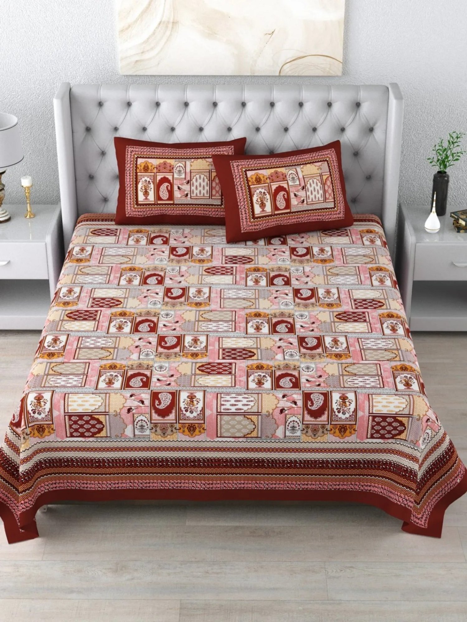 Living Roots Abstract Maroon 300 TC Cotton Bedsheet with 2 Pillow Covers