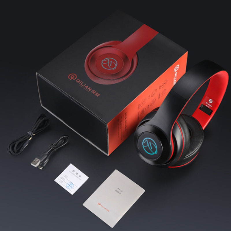 Wireless Bluetooth Headphones With Microphone and LED Light Foldable Stereo Noise Cancelling Wired and Wireless Switchable Headset For PC/iphone/Mp3/ipad Black red
