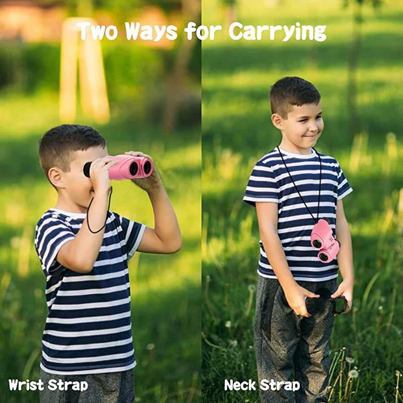Kids Compact Binoculars Gift for 5-9 Years Old Girl Boys, Upgraded HD Binocular with Focusing Wheel, Shock Proof Travel Birding Telescope Cute Toy Gifts for 3-10 Year Old Girls Pink
