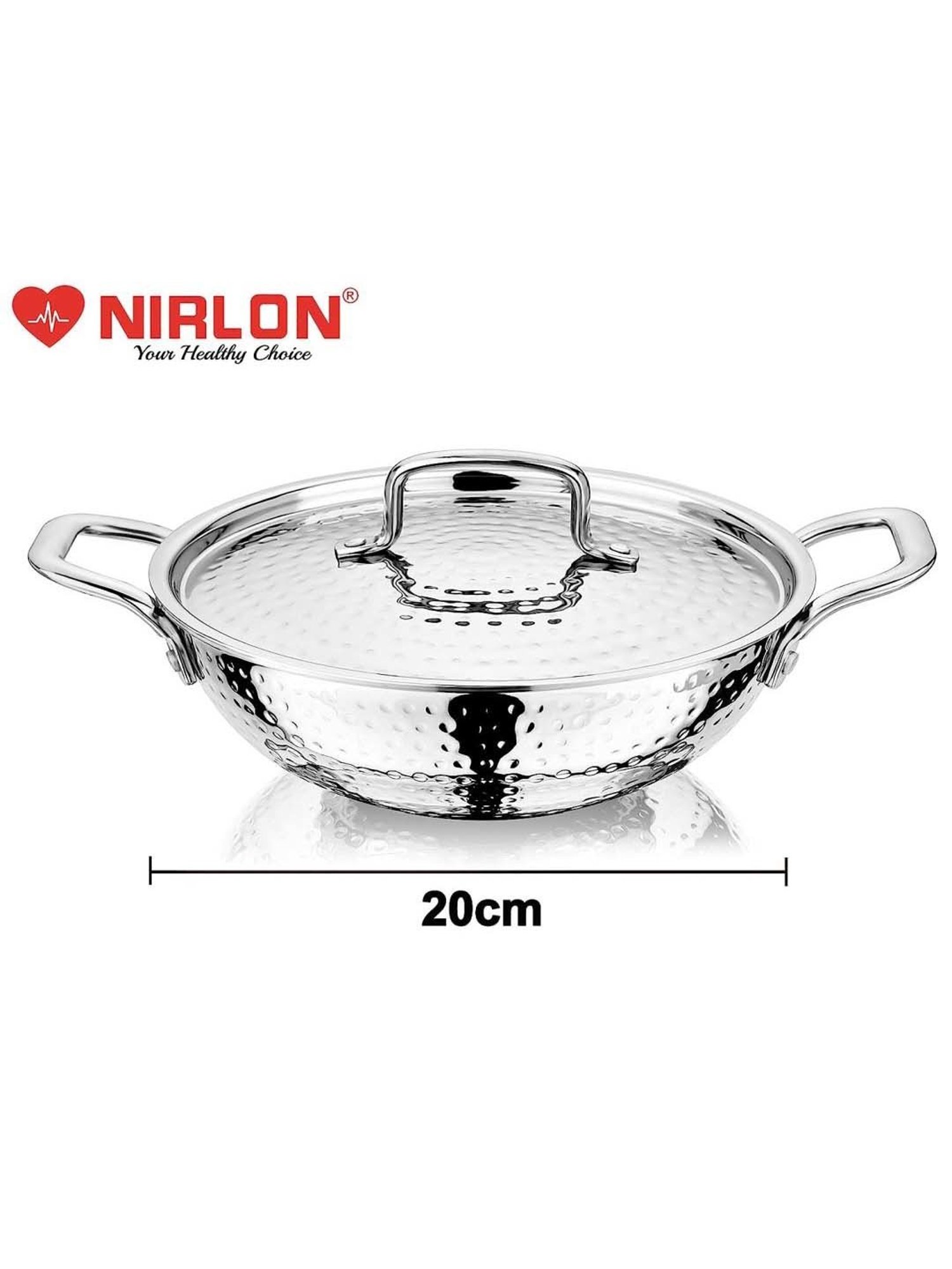 Nirlon Silver Stainless Steel 20 cm Induction & Gas Hammered Tri-Ply Deep Kadhai With Lid (1.5 L)
