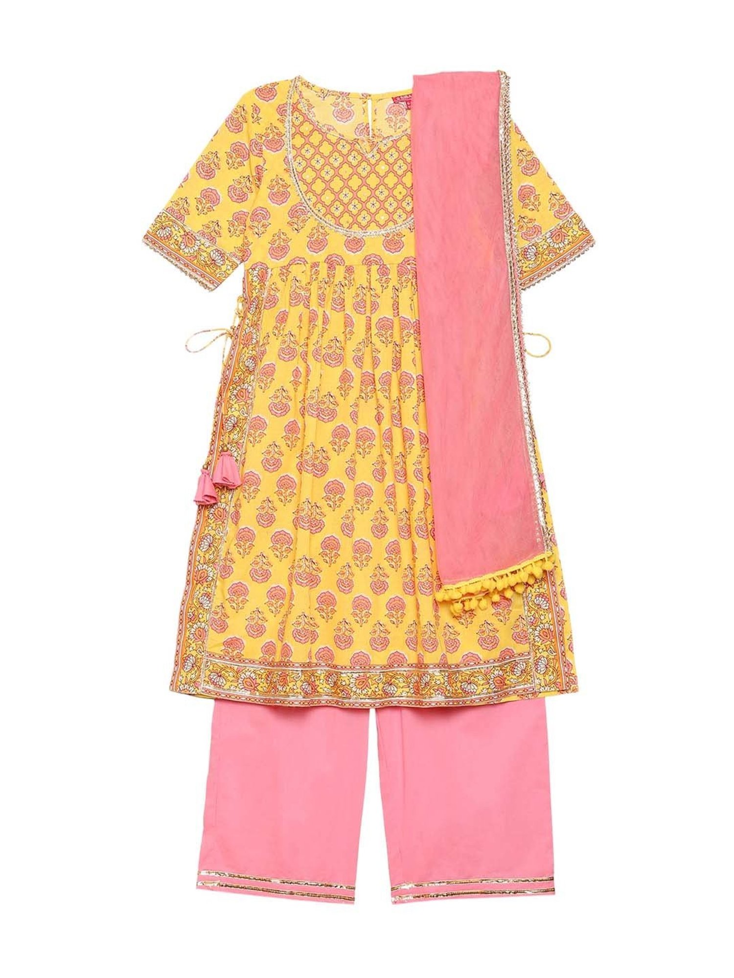 BIBA Girls Yellow & Pink Printed Kurta Set