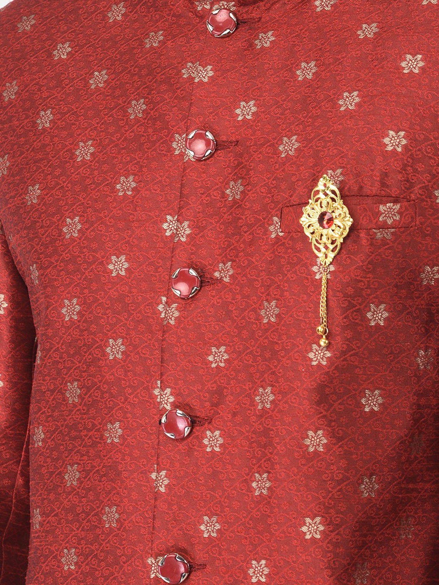 SG LEMAN Maroon Regular Fit Printed Sherwani And Pant Set