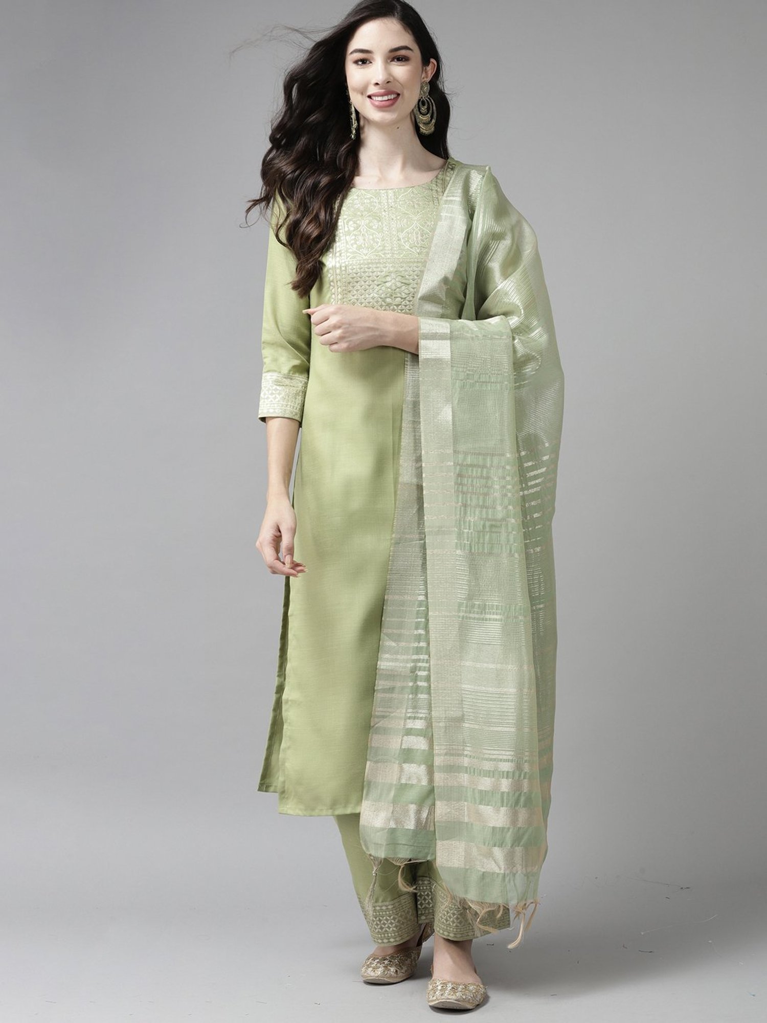 Indo Era Green Woven Pattern Kurta Palazzo Set With Dupatta