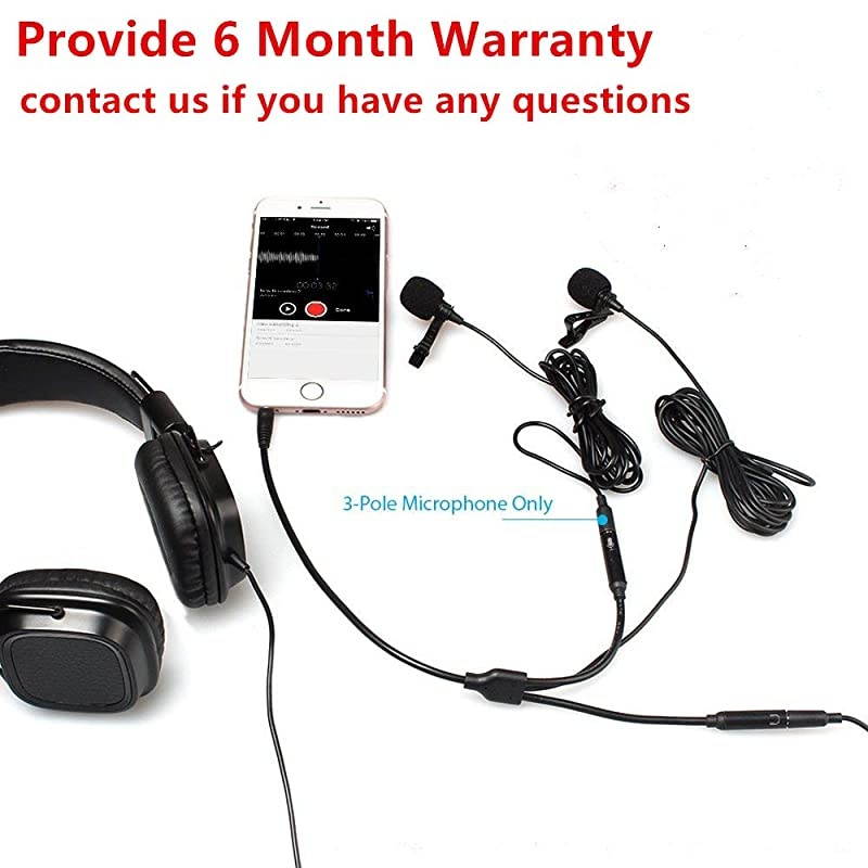 2 Pack Lavalier Microphone  Professional Omnidirectional Condenser Interview Clip on Lapel Mic with Headphone Jack Compatible with iPhone, iPad, Android, Camera, Computer, PC, Tablets, AU-303