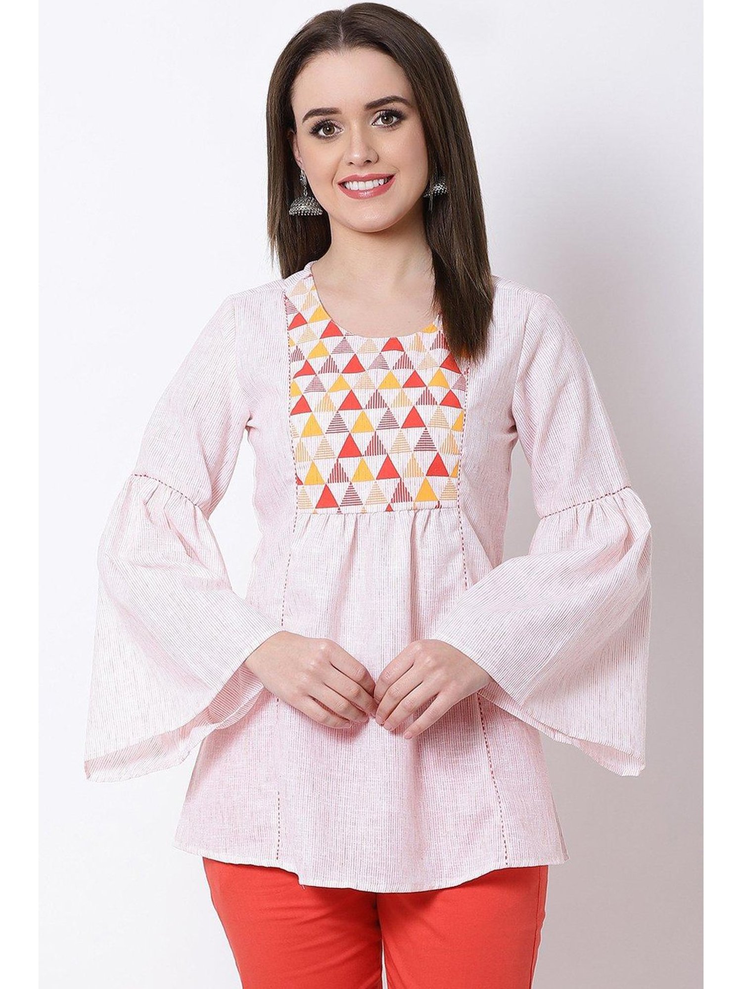 Rangriti White Cotton Printed Top