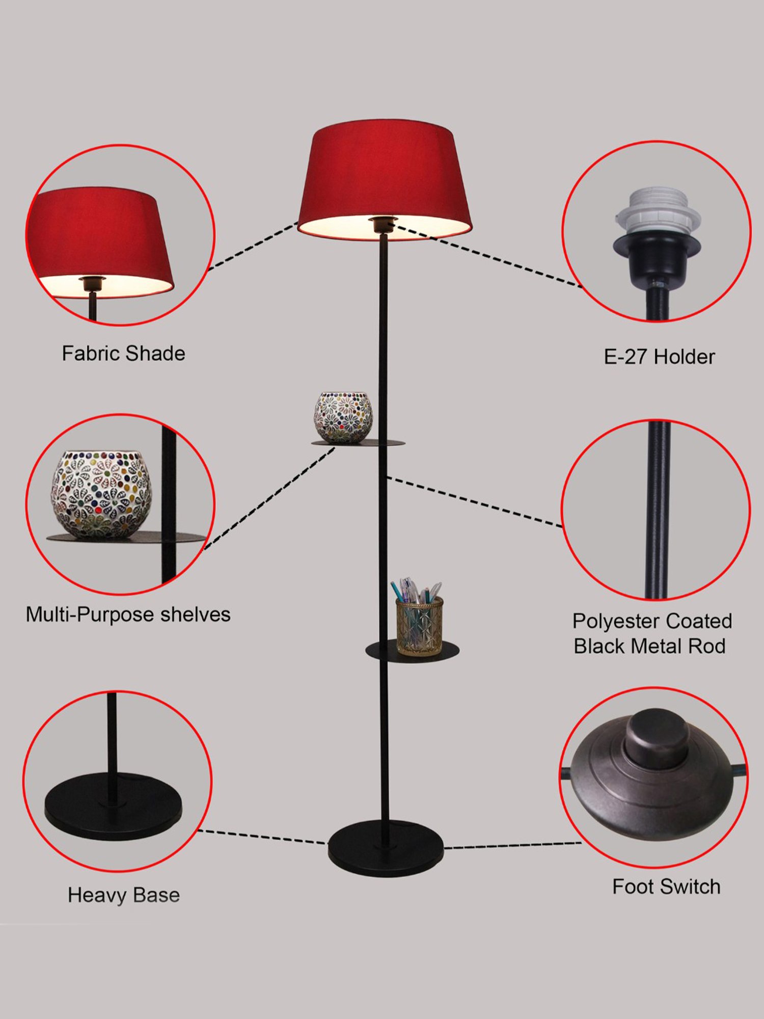 Homesake 'Duo Shelf' Red & Black Metal Tall Floor Lamp With Shade & Bulb - Set of 1