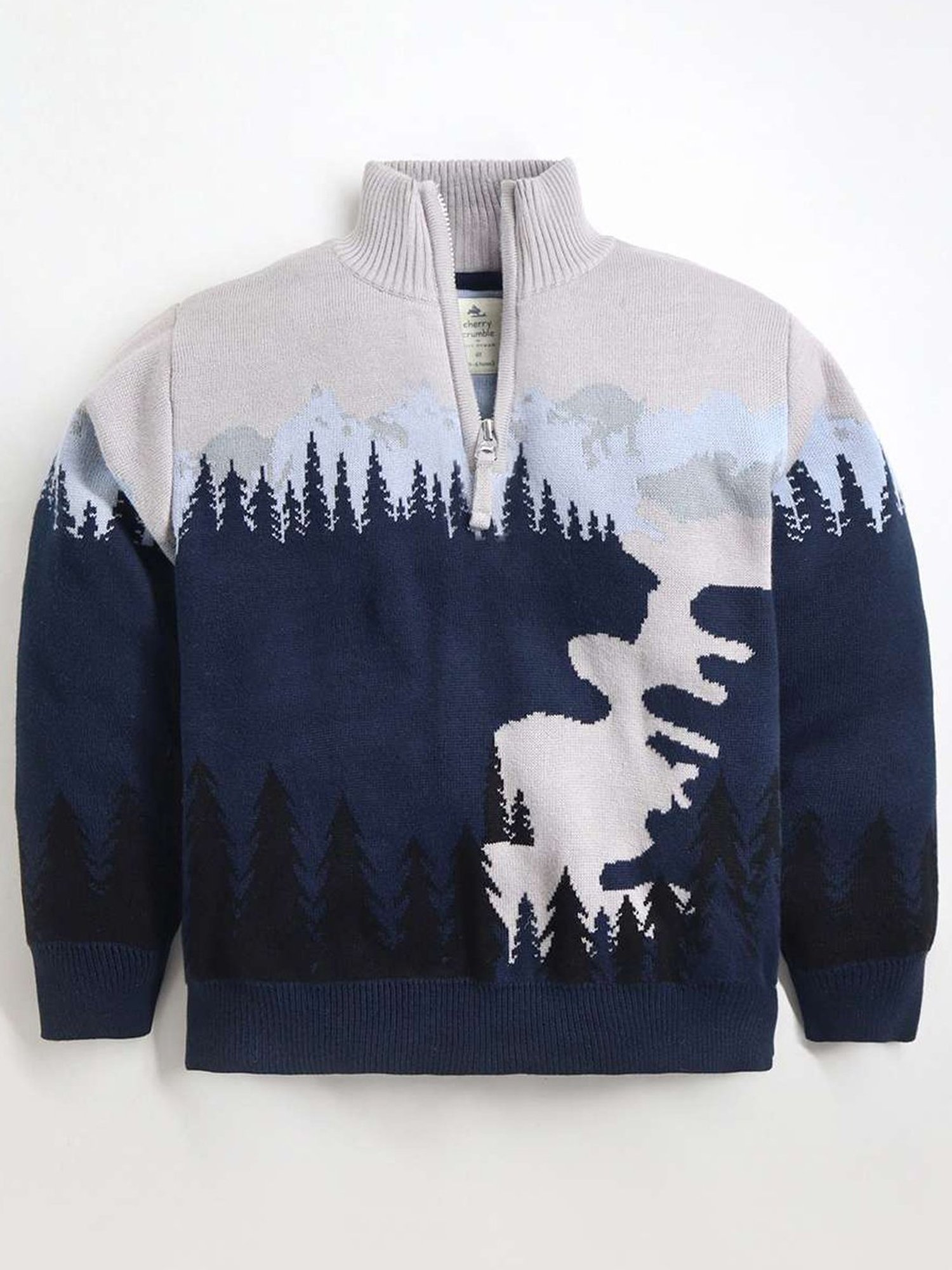 Cherry Crumble By Nitt Hyman Kids Grey & Navy Cotton Printed Full Sleeves Sweater